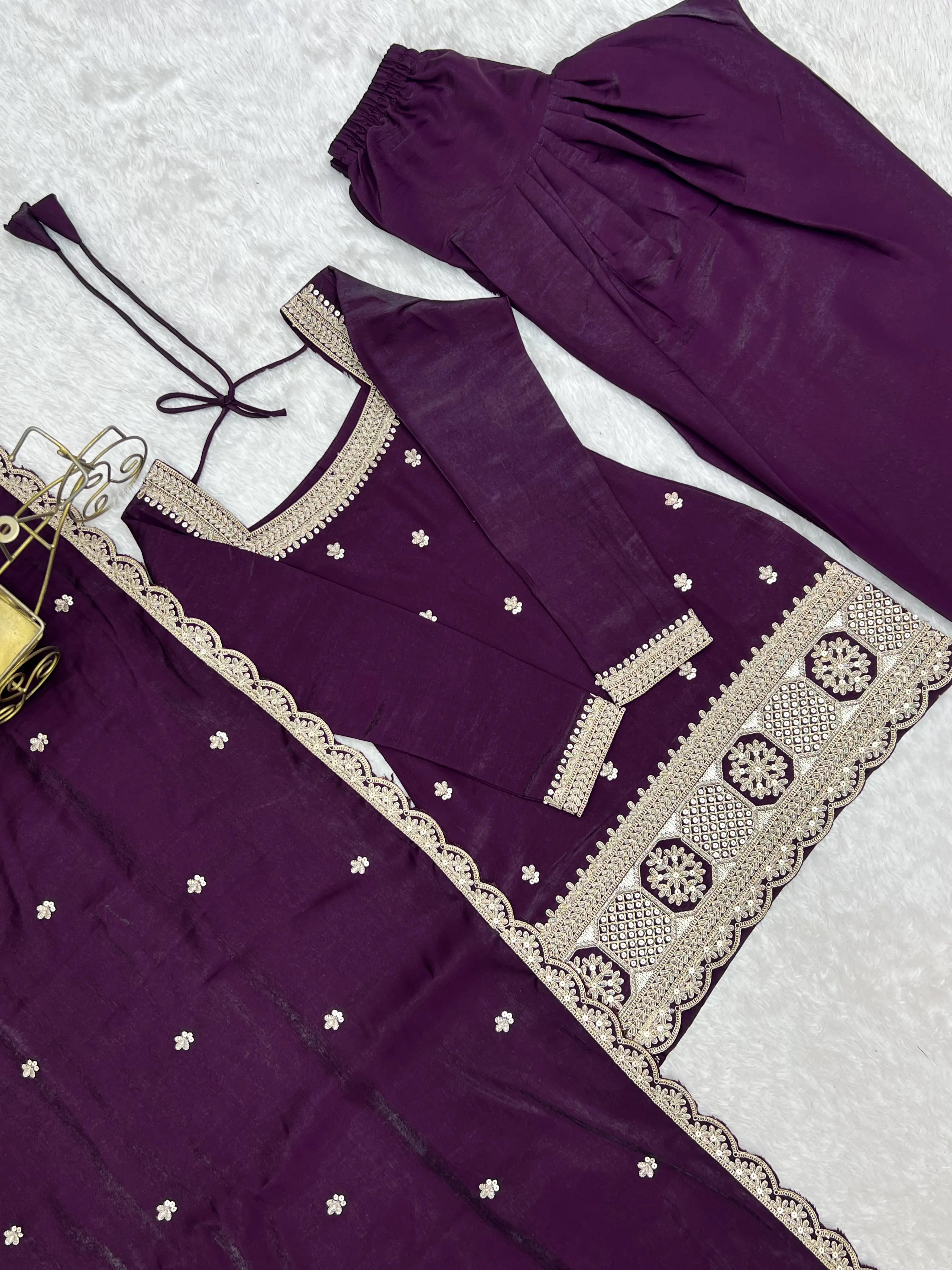Luxury Glass Roman Silk Farshi Shalwar Set with Embroidered Dupatta