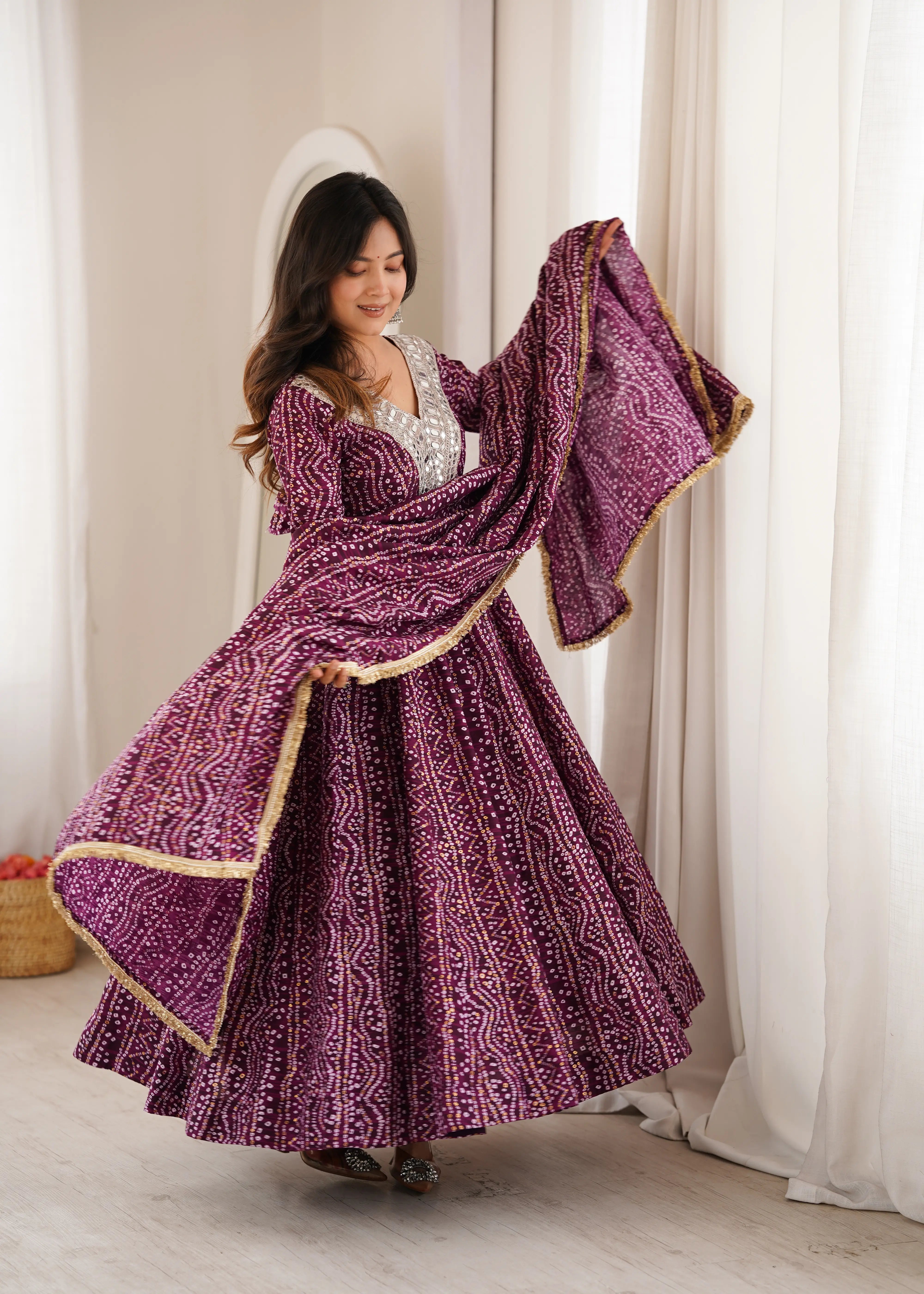 Elegant Mirror Work Gown with Pant and Dupatta