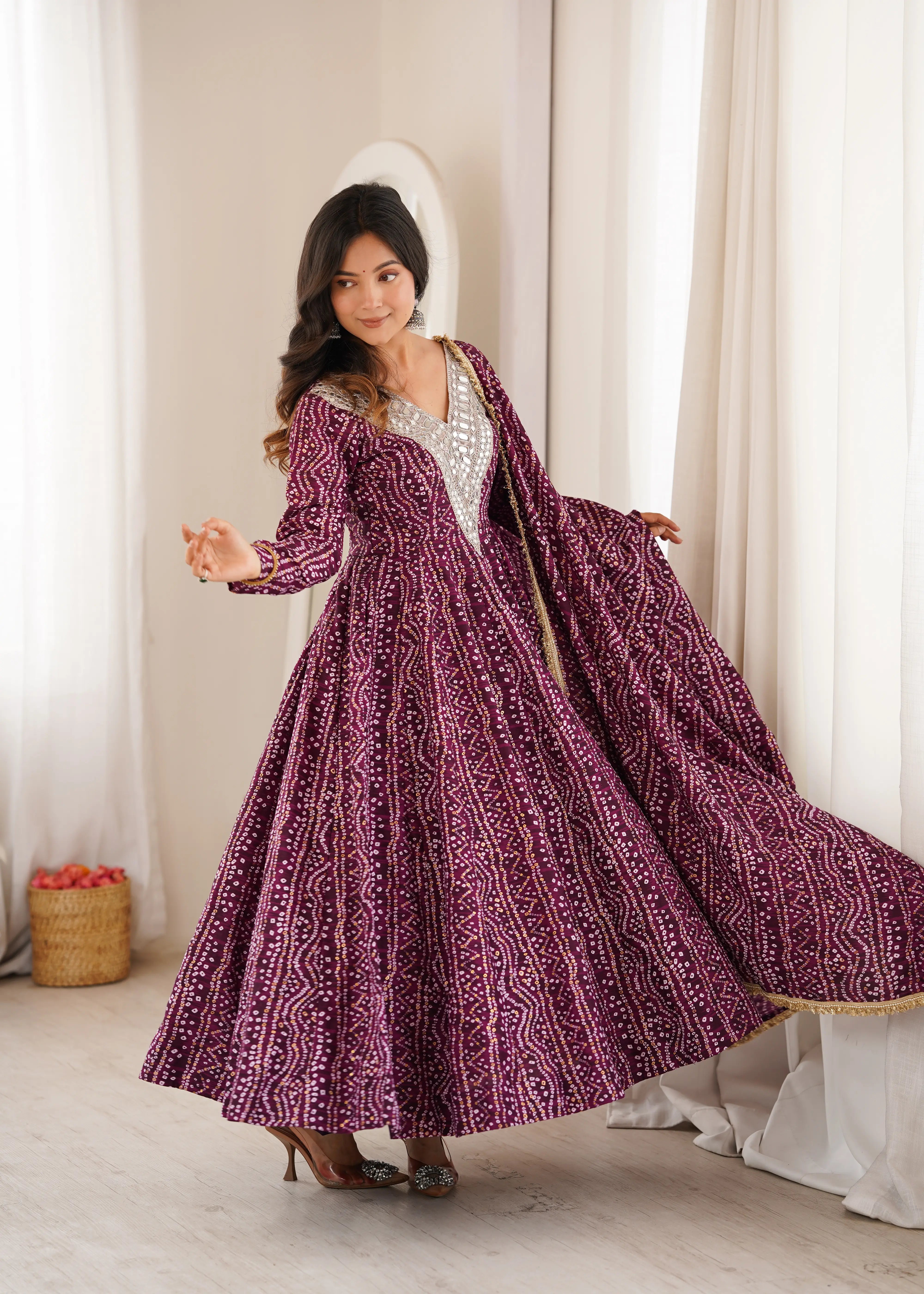 Elegant Mirror Work Gown with Pant and Dupatta