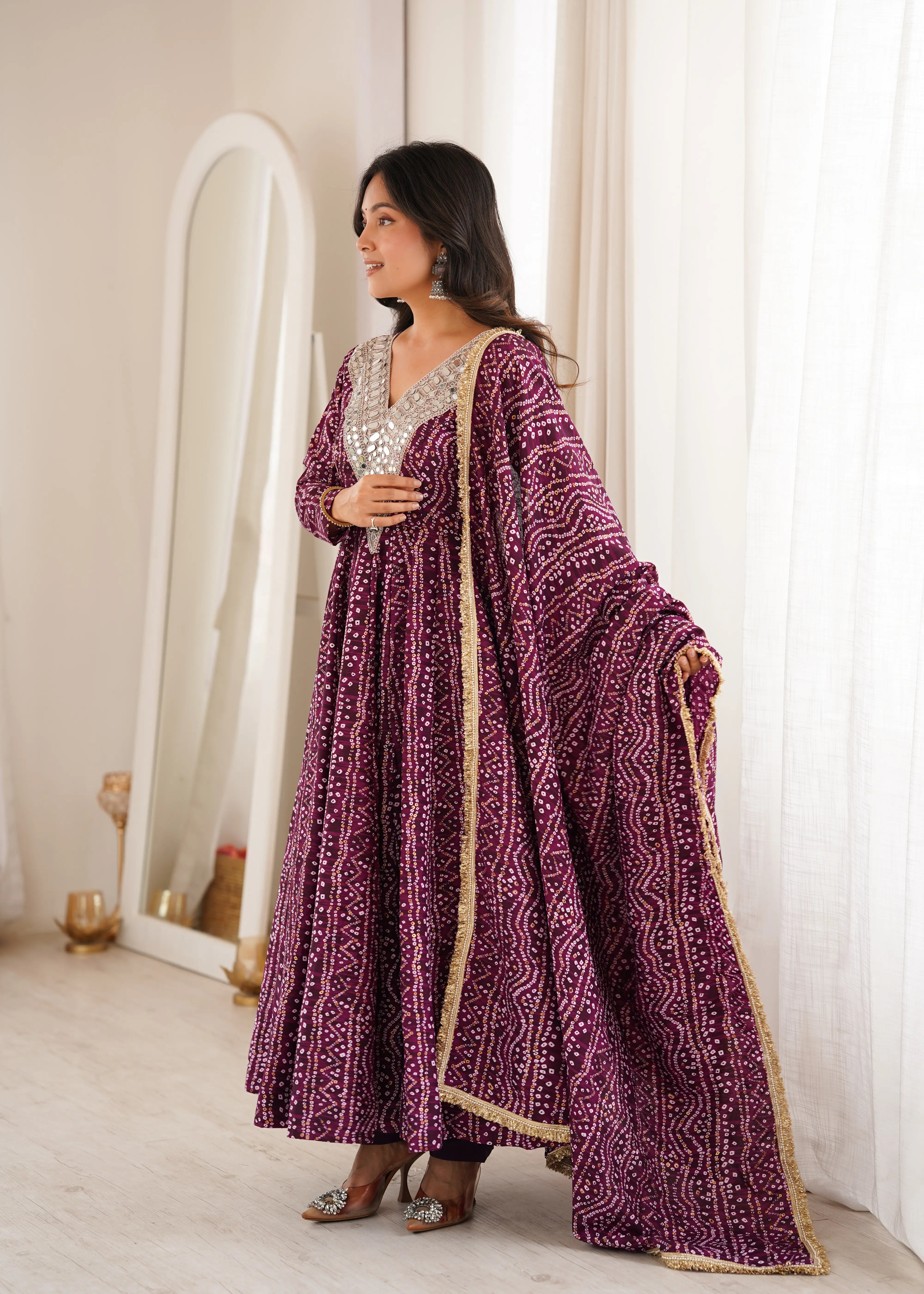 Elegant Mirror Work Gown with Pant and Dupatta