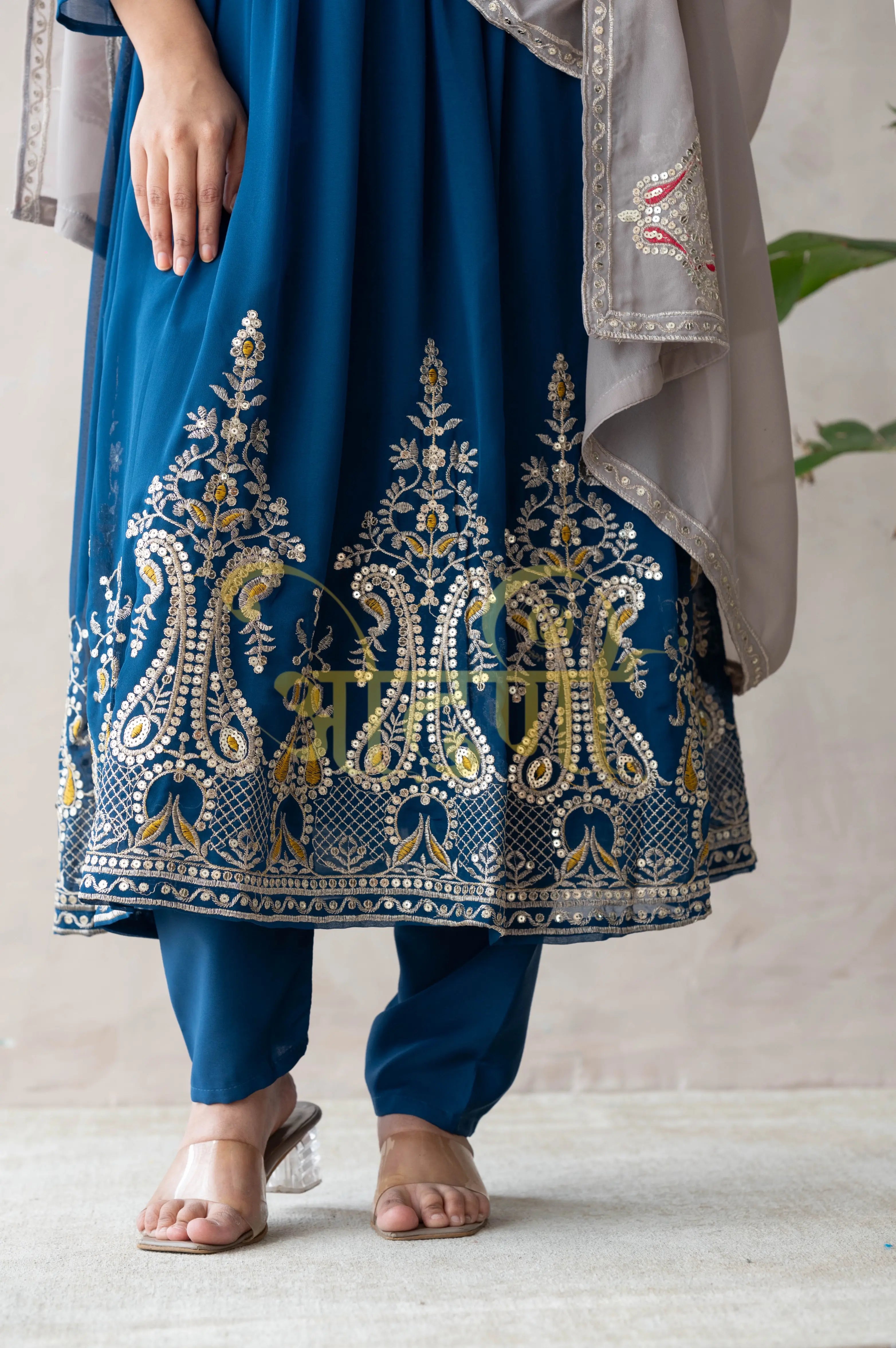 ANARKALI 3-PIECE SUIT WITH SEQUENCE WORK AND CONTRAST DUPATTA