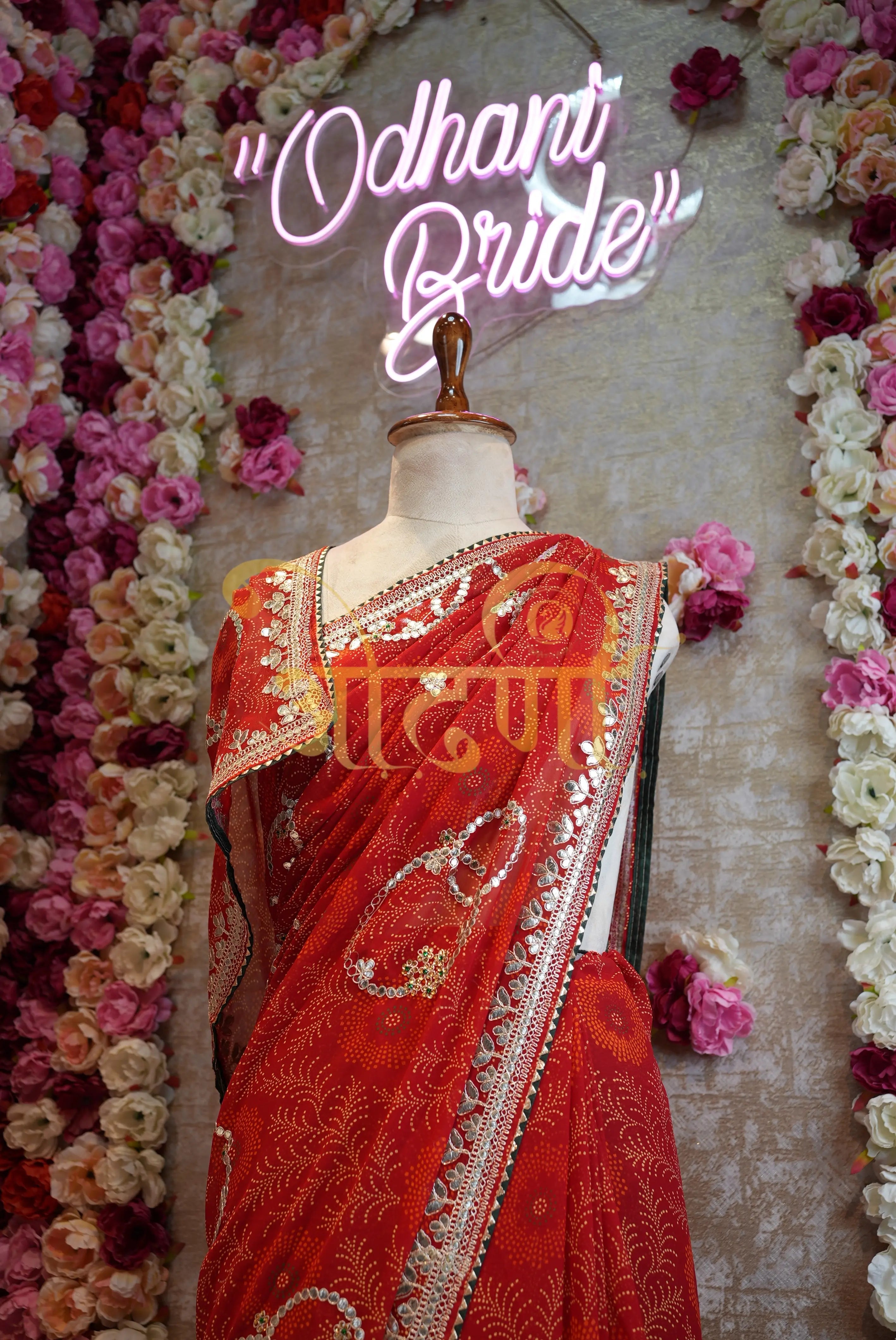 Rajasthani Chunri Synthetic Saree with Gota Patti Handwork & Contrast Blouse