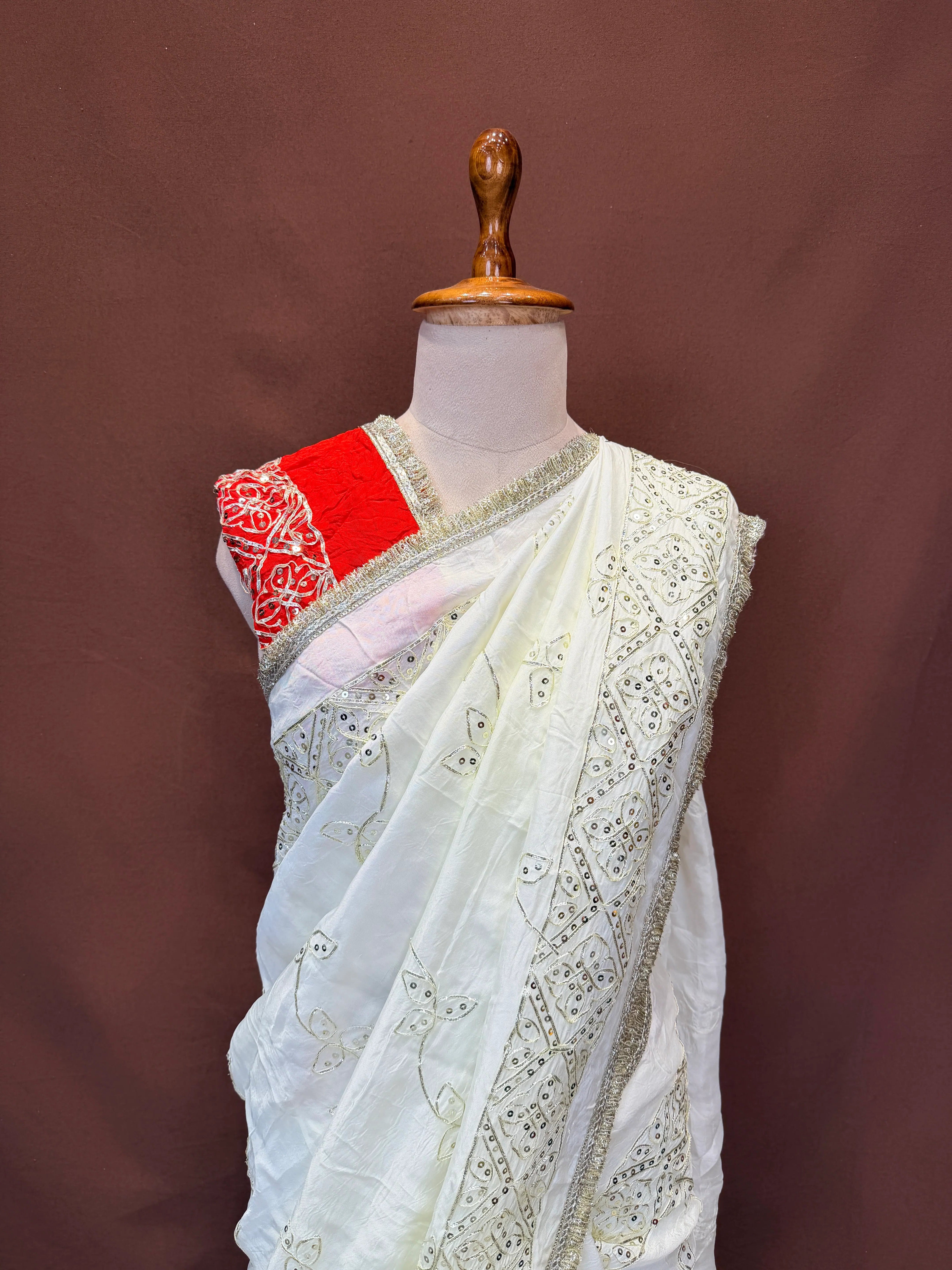HO Silk Fabric Saree With Kacha Gota Patti And sequence Work (With Contrast Blouse)