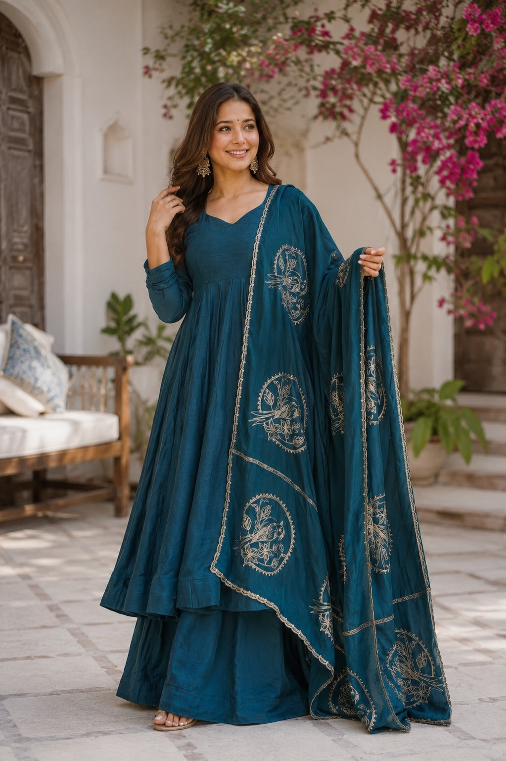 Premium Heavy Vichitra Silk 3 Piece Anarkali Suit Set with Palazzo