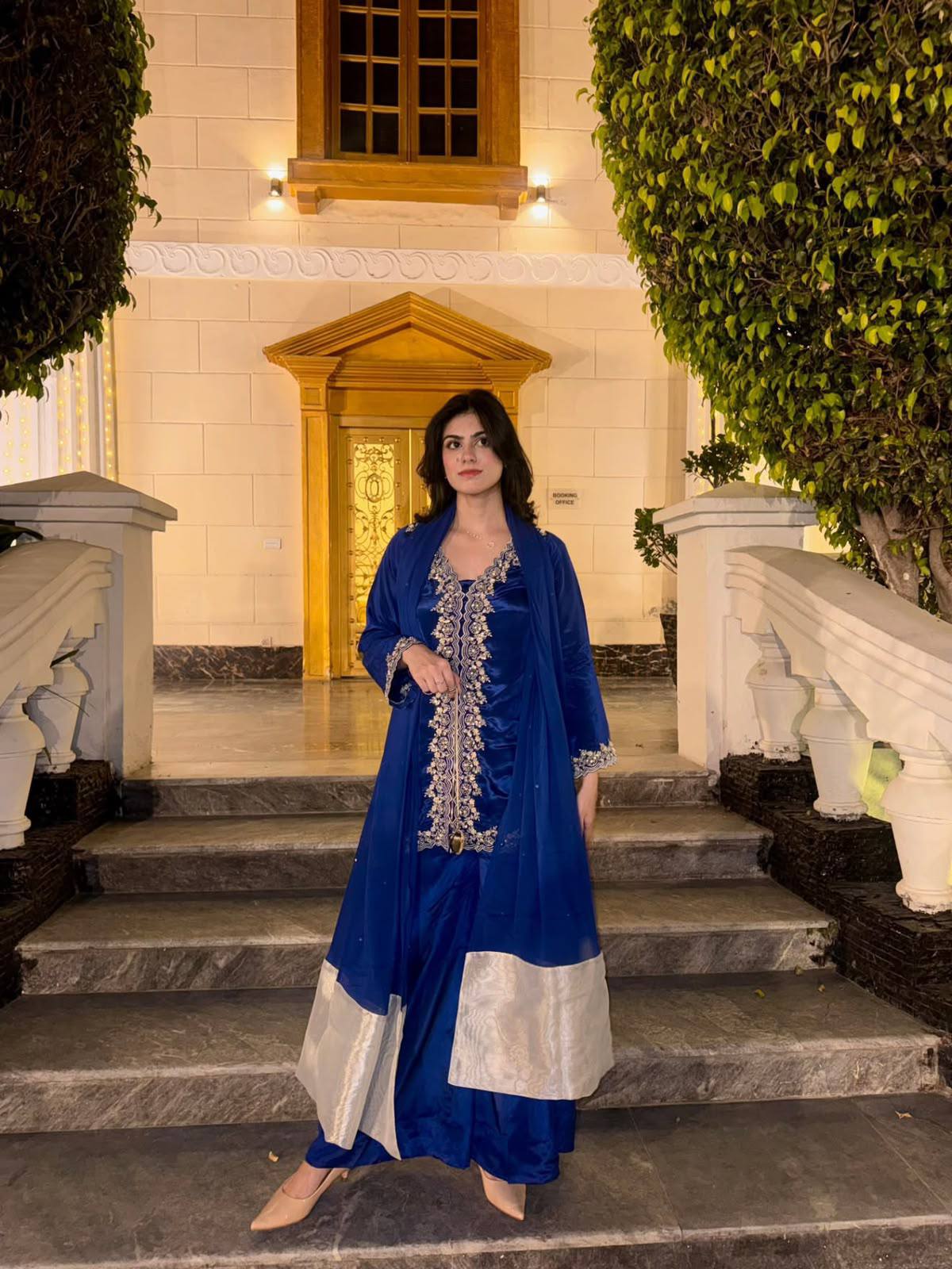 Premium MOS Satin Kurti Palazzo Set with Sequence & Zari Embroidery