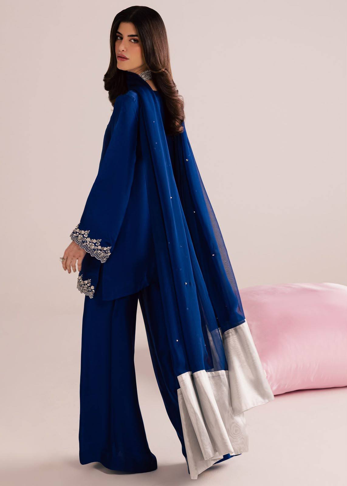 Premium MOS Satin Kurti Palazzo Set with Sequence & Zari Embroidery