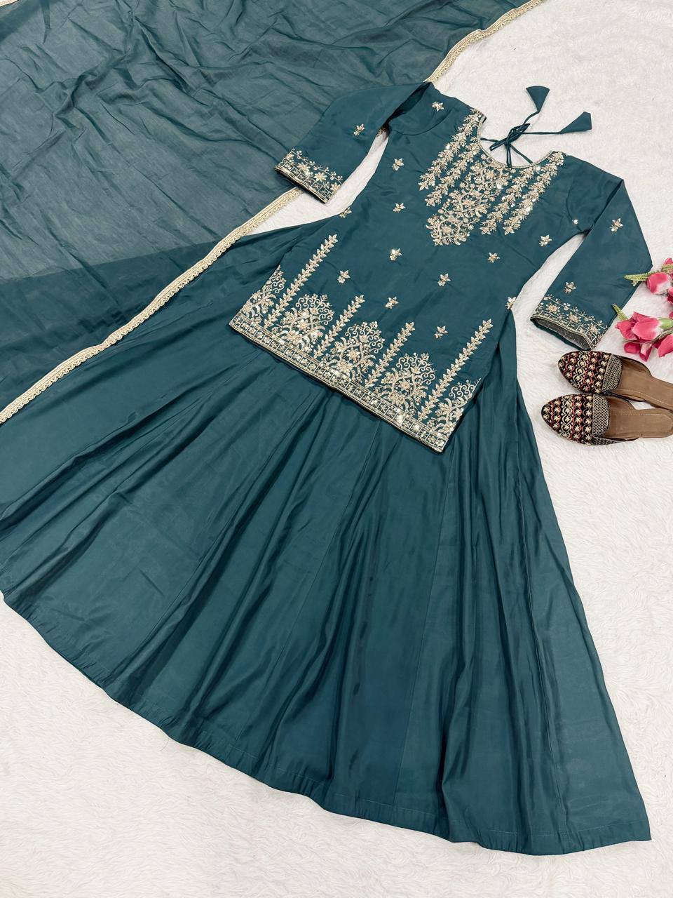 Elegant Roman Cotton Lehenga with Embroidered Top & 4 Meter Flair