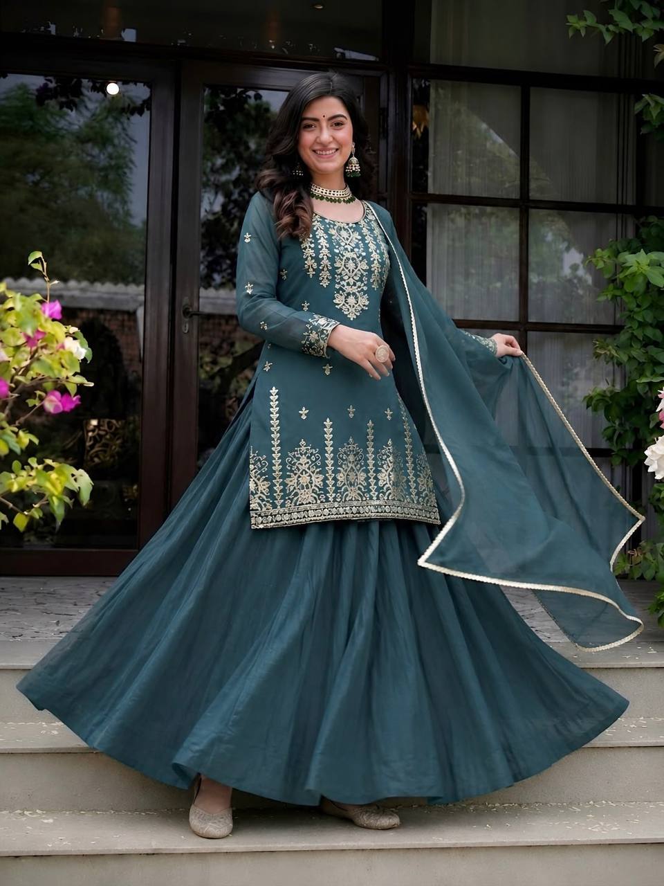 Elegant Roman Cotton Lehenga with Embroidered Top & 4 Meter Flair