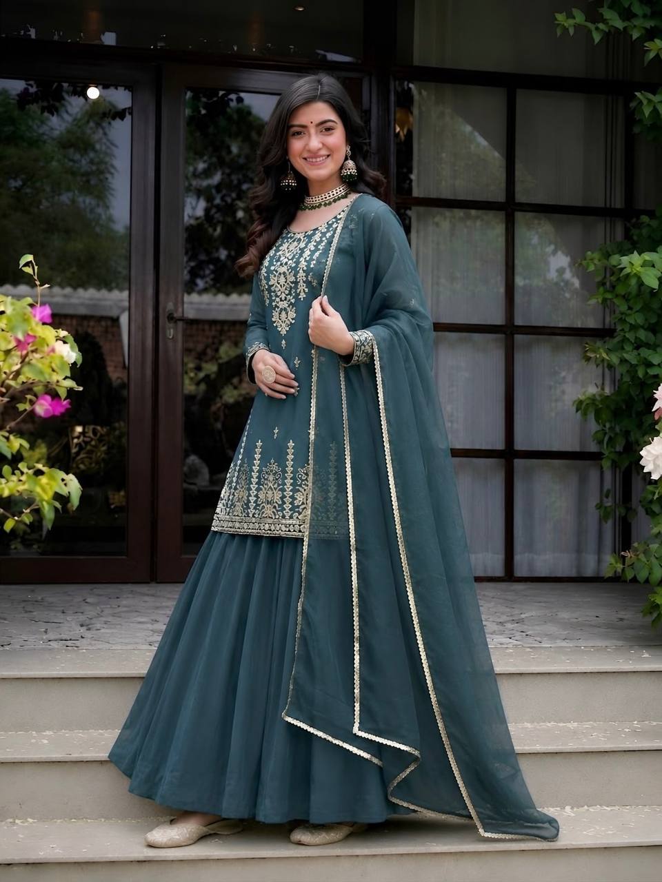 Elegant Roman Cotton Lehenga with Embroidered Top & 4 Meter Flair