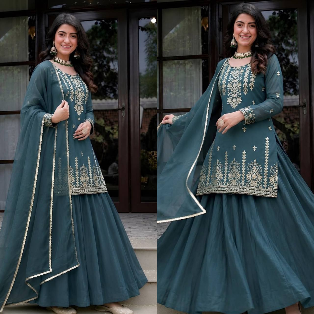 Elegant Roman Cotton Lehenga with Embroidered Top & 4 Meter Flair