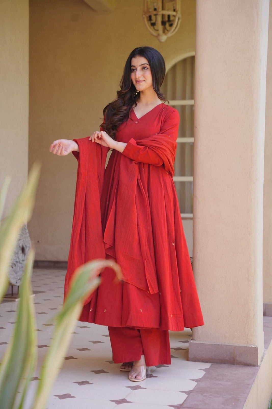 Elegant Embroidered Roman Silk Anarkali Palazzo Suit Set