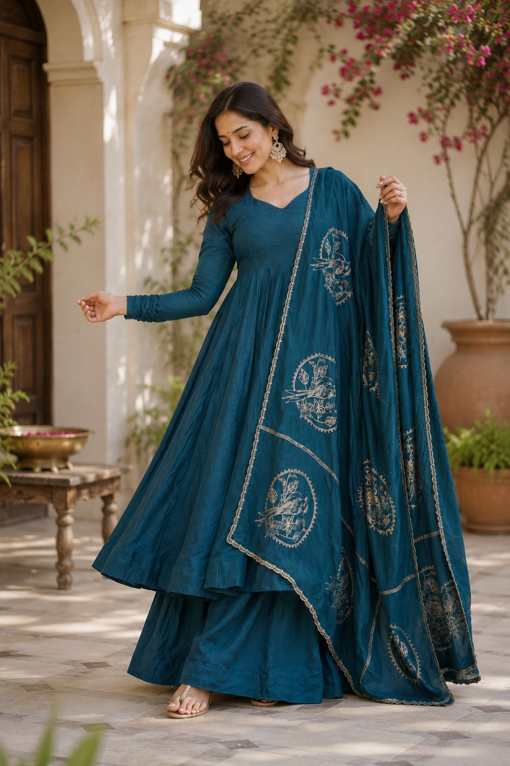 Premium Heavy Vichitra Silk 3 Piece Anarkali Suit Set with Palazzo