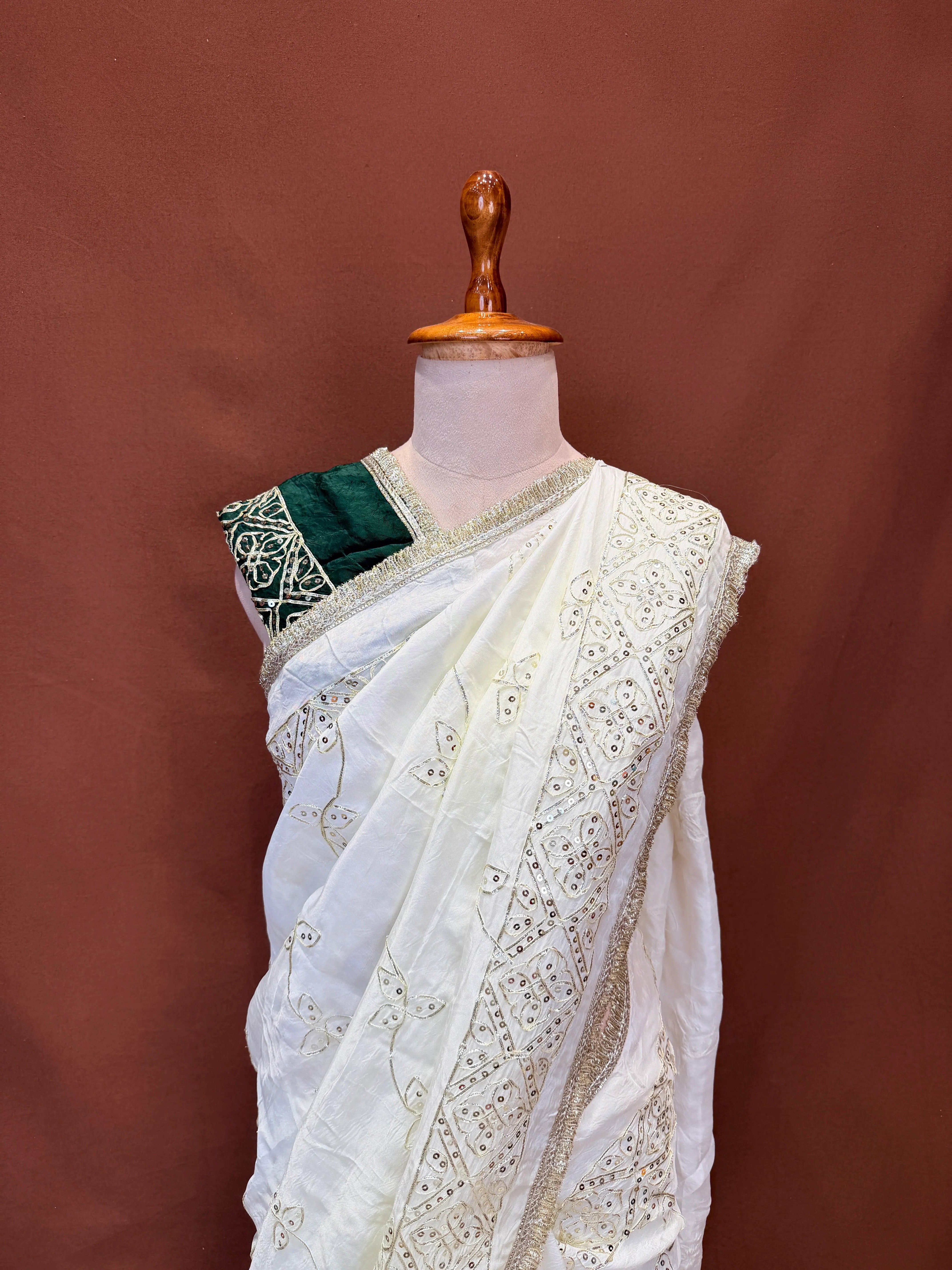 HO Silk Fabric Saree With Kacha Gota Patti And sequence Work (With Contrast Blouse)