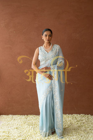 PRE DRAPED STITCH BLOUSE SAREE WITH PEARL AND SEQUENECE WORK ON PURE ORGANZA FABRIC ##SR0270
