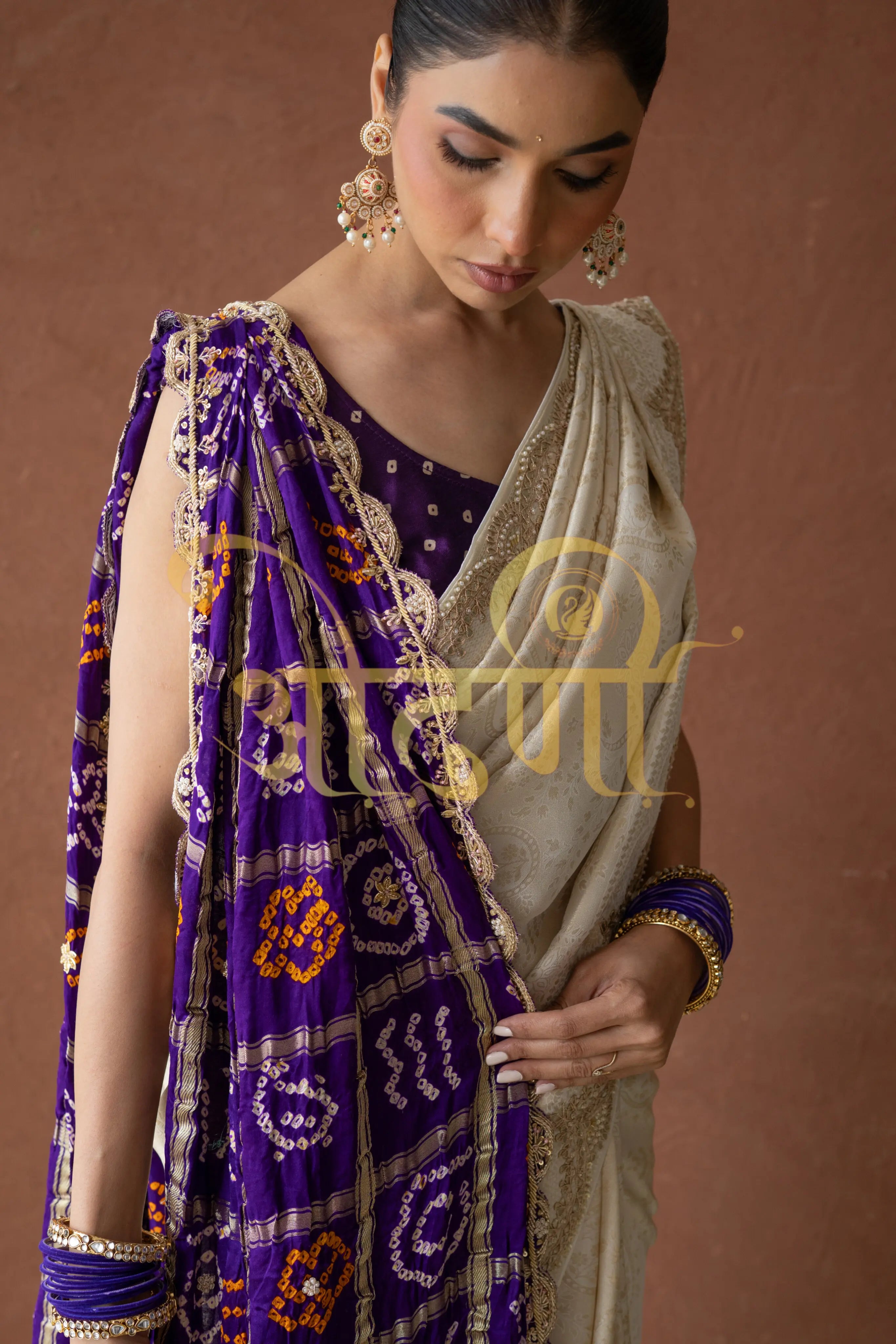 Ivory White Brocket Silk Saree with Gota Patti Handwork (With Blouse)