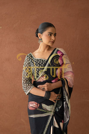 PURE CREP SILK DIGITAL PRINT SAREE WITH MIRROR WORK AND HEAVEY MIRROR WORK STITCH BLOUSE ##SR0285