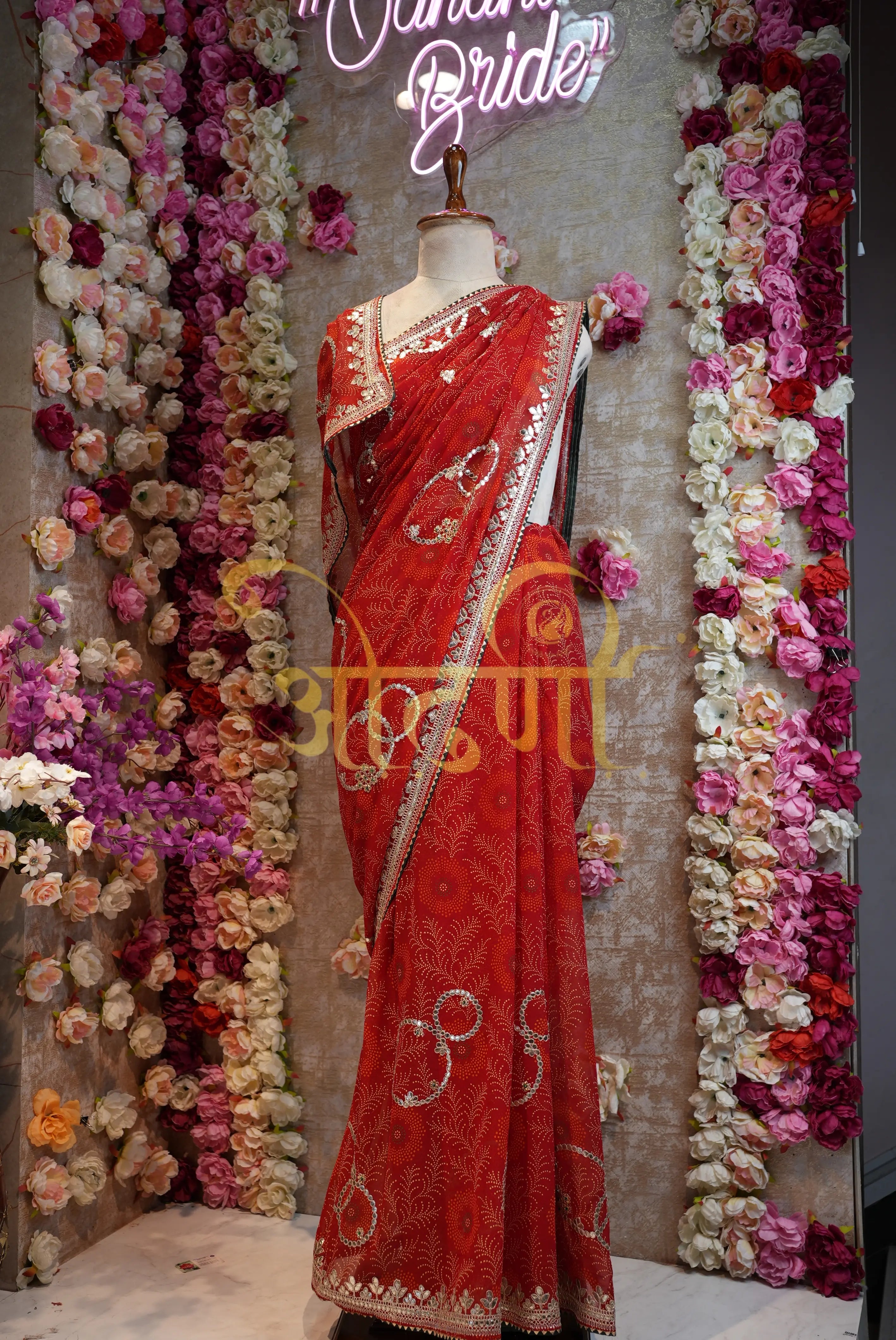 Rajasthani Chunri Synthetic Saree with Gota Patti Handwork & Contrast Blouse