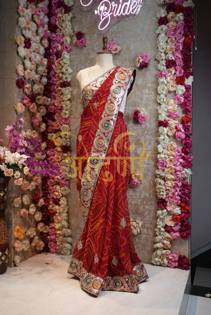 Rajasthani chunri print  Geogrette fabric saree with gota patti work contrast blouse ##SR0158