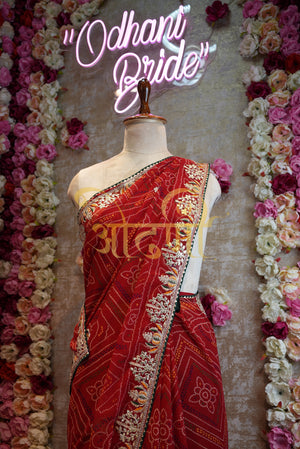 Rajasthani chunri print  Geogrette fabric saree with gota patti work contrast blouse ##SR0156