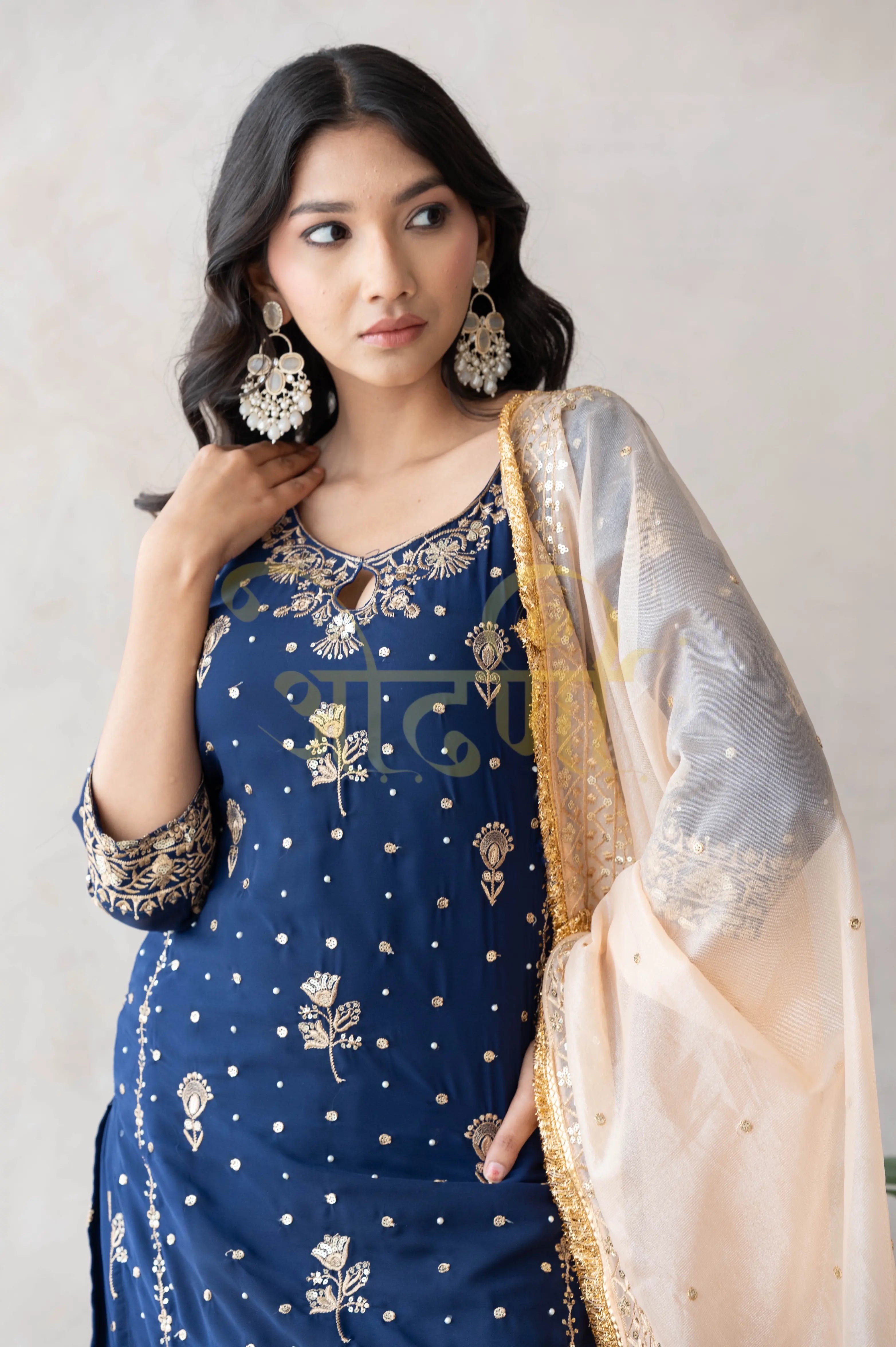 STRAIGHT FIT 3-PIECE SUIT WITH SEQUENCE WORK AND CONTRAST DUPATTA