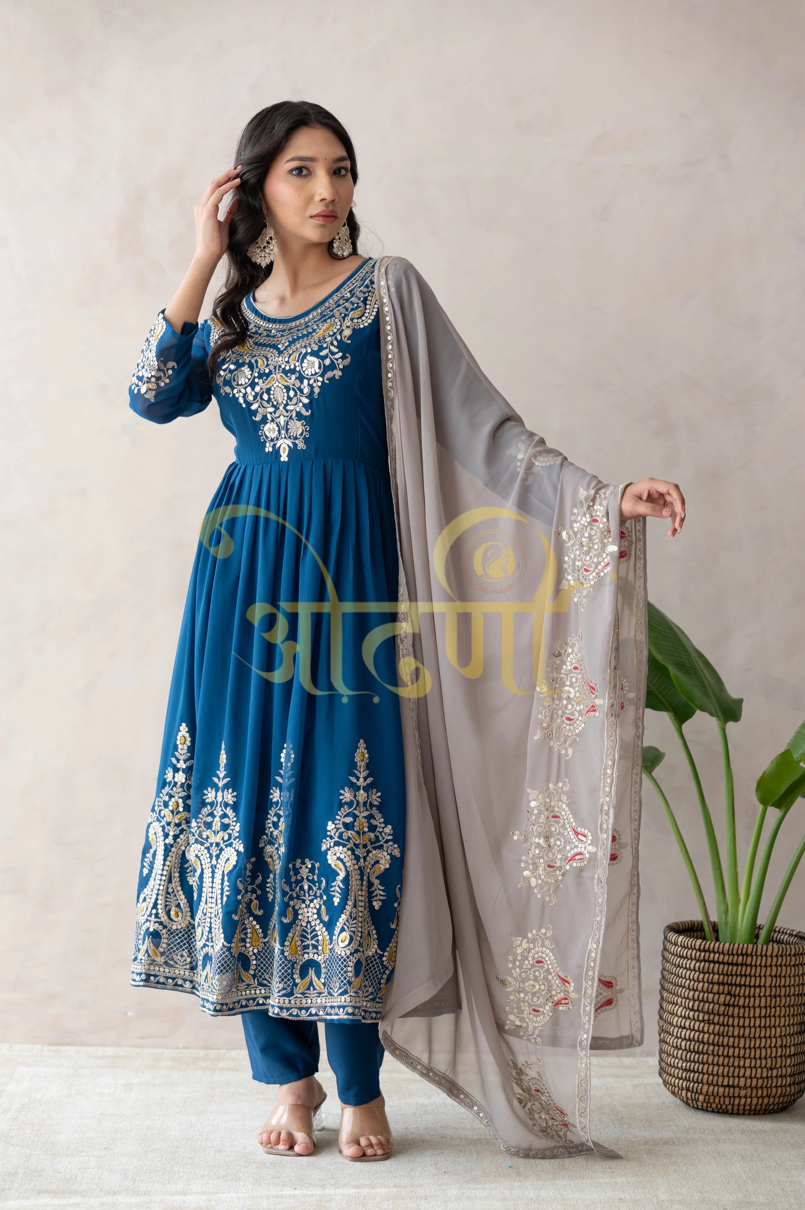 ANARKALI 3-PIECE SUIT WITH SEQUENCE WORK AND CONTRAST DUPATTA