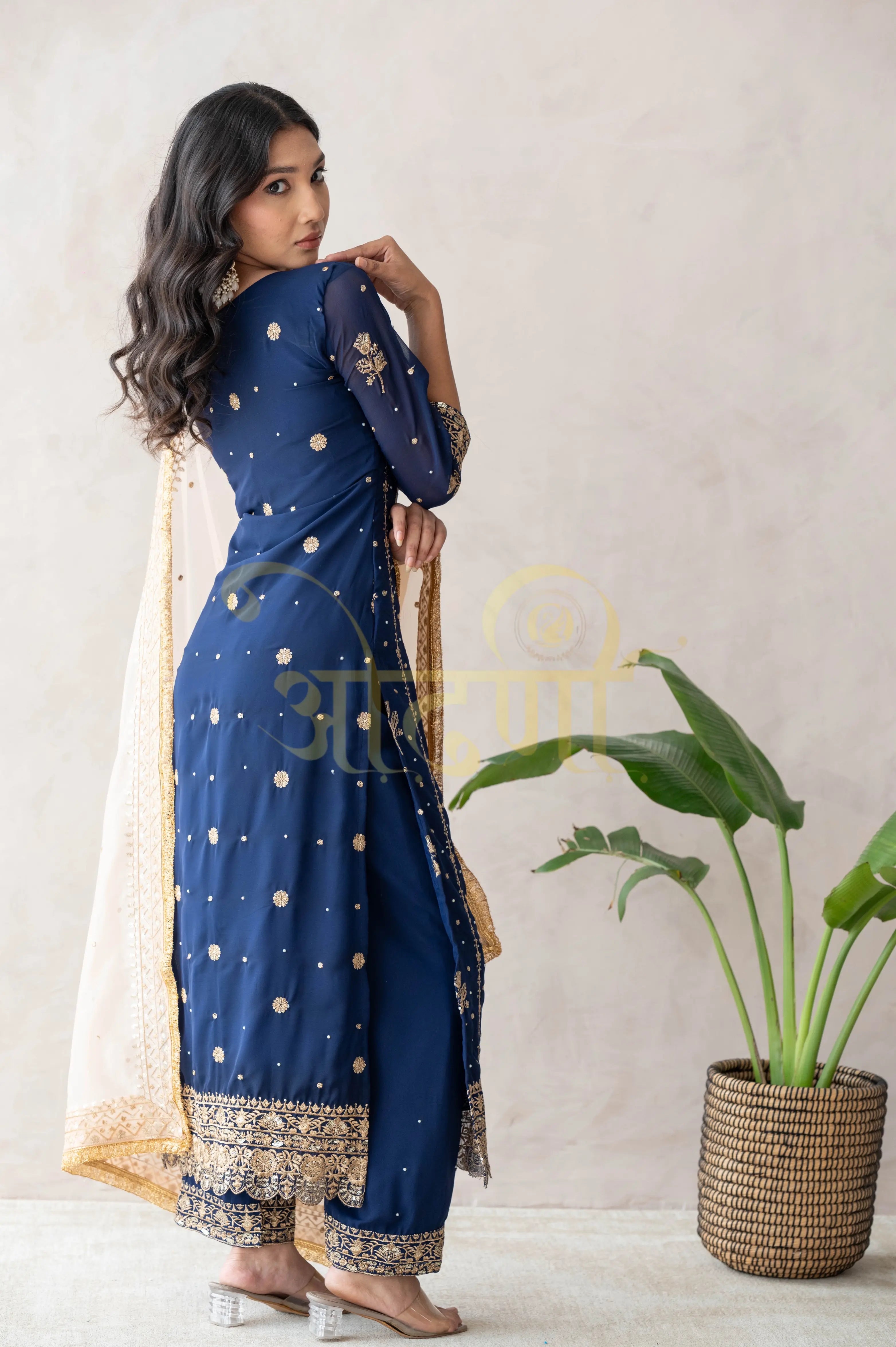 STRAIGHT FIT 3-PIECE SUIT WITH SEQUENCE WORK AND CONTRAST DUPATTA