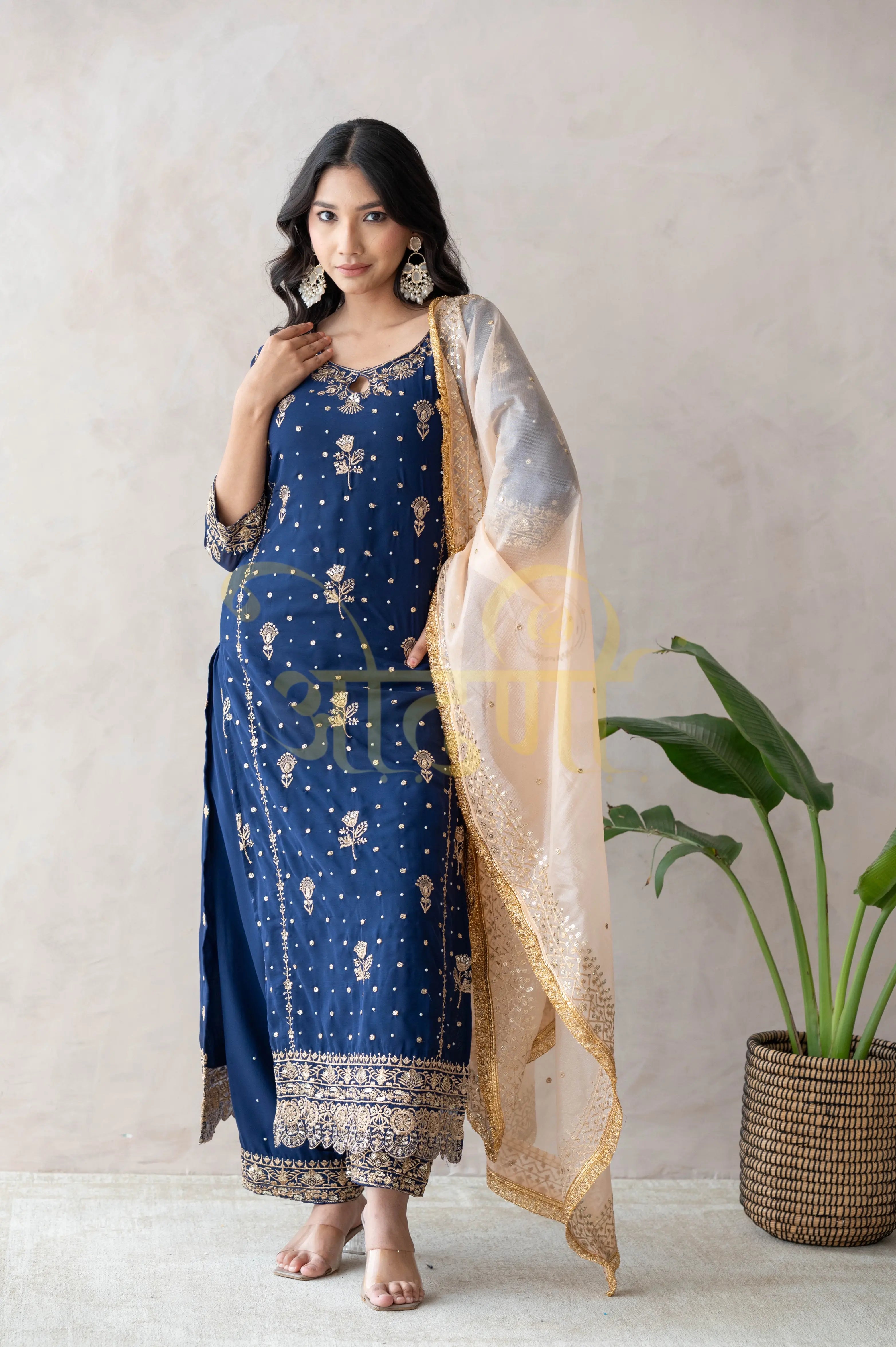 STRAIGHT FIT 3-PIECE SUIT WITH SEQUENCE WORK AND CONTRAST DUPATTA