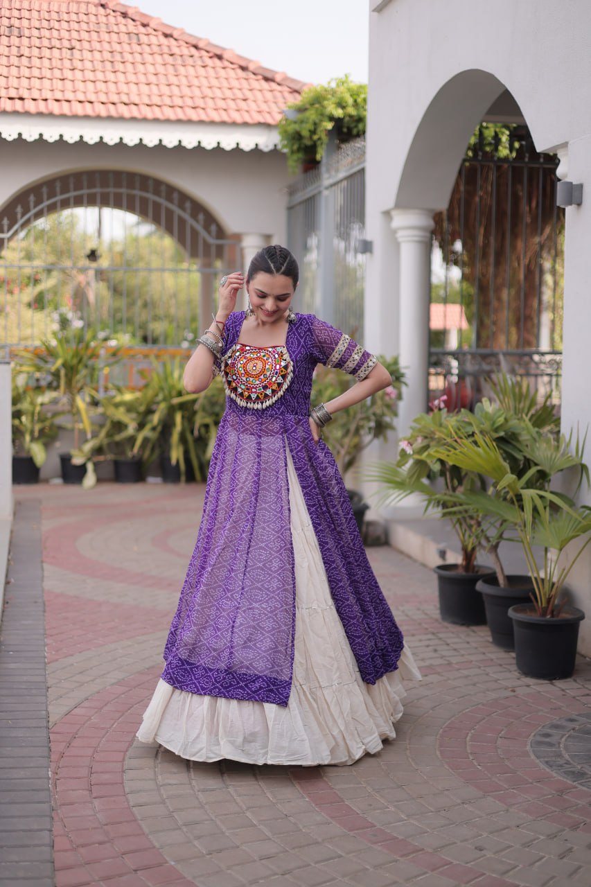 Designer Navratri Kora Cotton Lehenga Kurti Set with Bandhani Print
