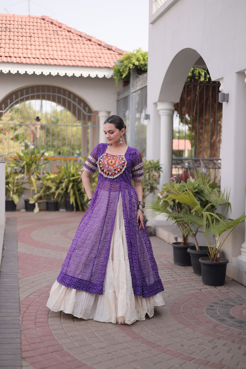 Designer Navratri Kora Cotton Lehenga Kurti Set with Bandhani Print