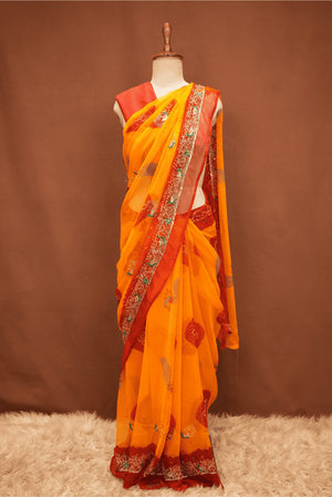 RAJSTHANI FANCY PILA DESIGN DARBARI SAREE WITH BANDHANI & PEACOCK AND AARI TARI AND RESHAM WORK BORDER (WITH BLOUSE) ##SR622