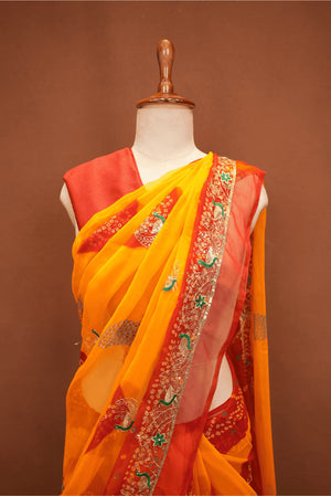 RAJSTHANI FANCY PILA DESIGN DARBARI SAREE WITH BANDHANI & PEACOCK AND AARI TARI AND RESHAM WORK BORDER (WITH BLOUSE) ##SR622