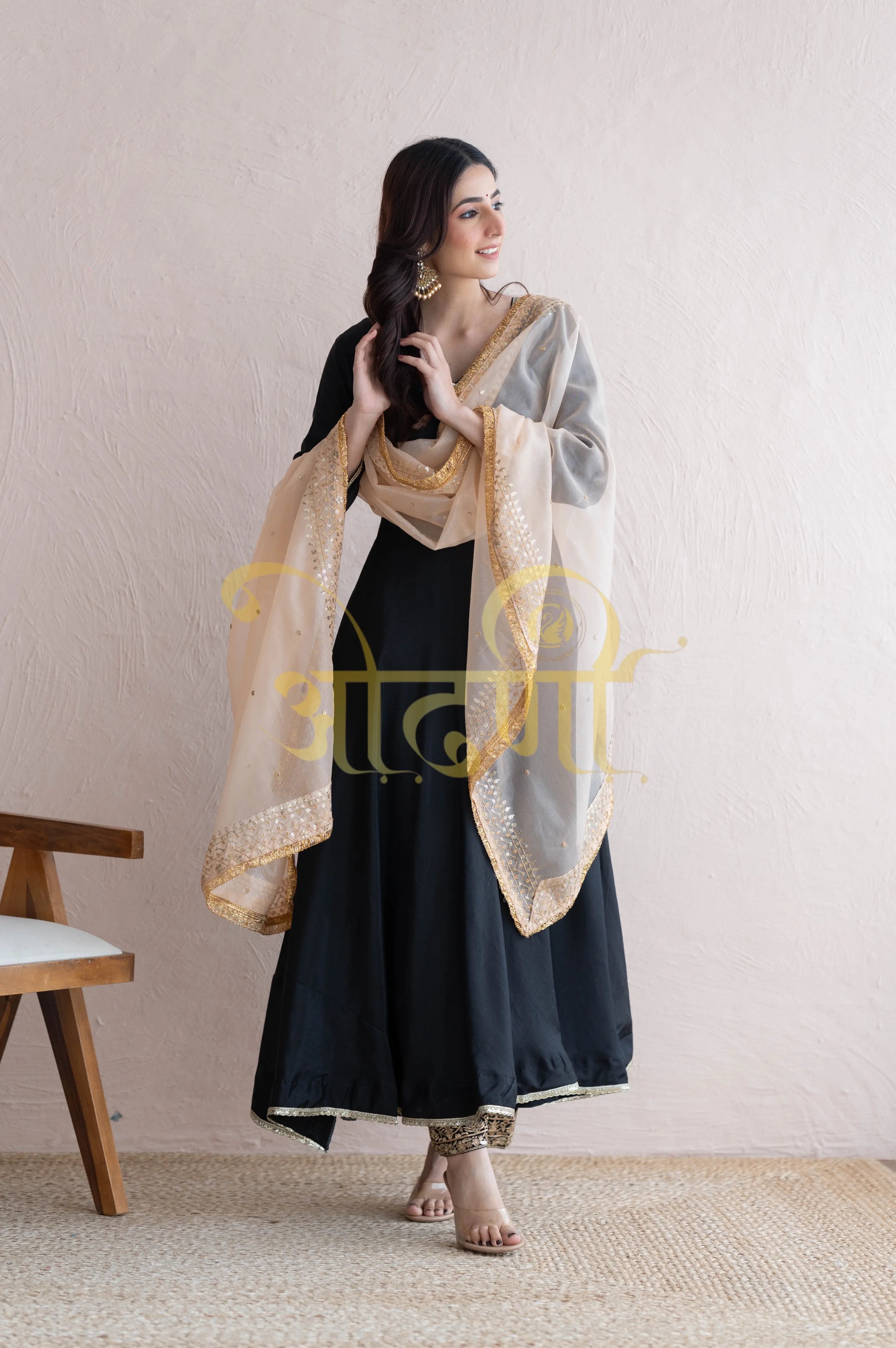 GIRLISH PATTERN ANARKALI 3-PIECE SUIT CONTRAST DUPATTA