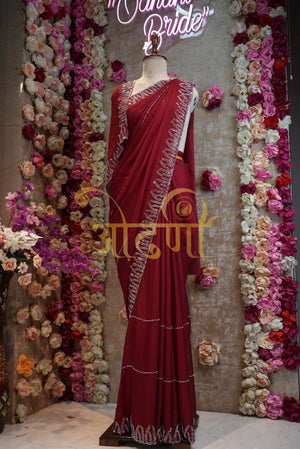 Royal Chinon Fabric Katdana & Jarkan Work Saree with heavy blouse neck border ##SR063