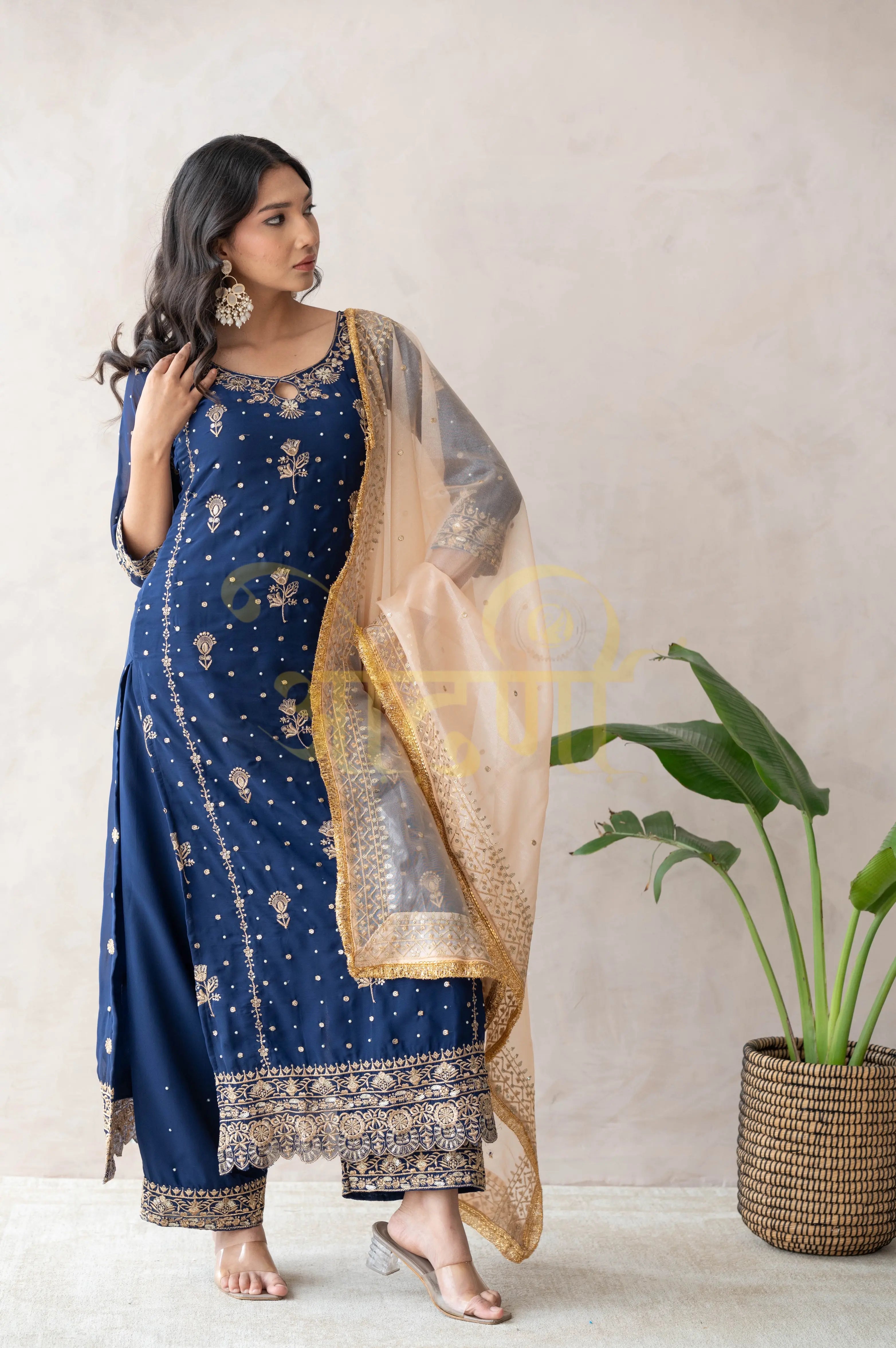 STRAIGHT FIT 3-PIECE SUIT WITH SEQUENCE WORK AND CONTRAST DUPATTA