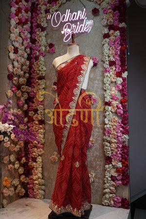 Rajasthani chunri print  Geogrette fabric saree with gota patti work contrast blouse ##SR0156