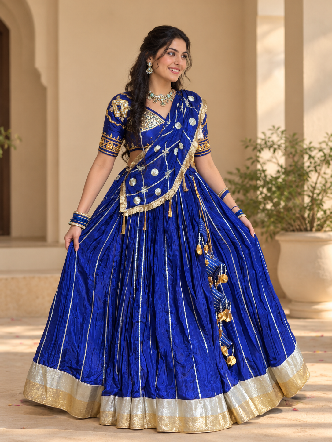 Royal Blue Gota Patti Handwork Aangi With Full Flared Lehenga & Jaal Pattern Dupatta (PRE-BOOKING ITEM)