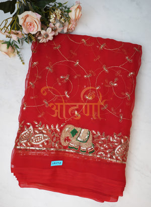 GEORGETTE FABRIC RAJPUTI SAREE WITH Elephant PRINT DESIGN ON BORDER (WITHOUT BLOUSE) ##SR0178