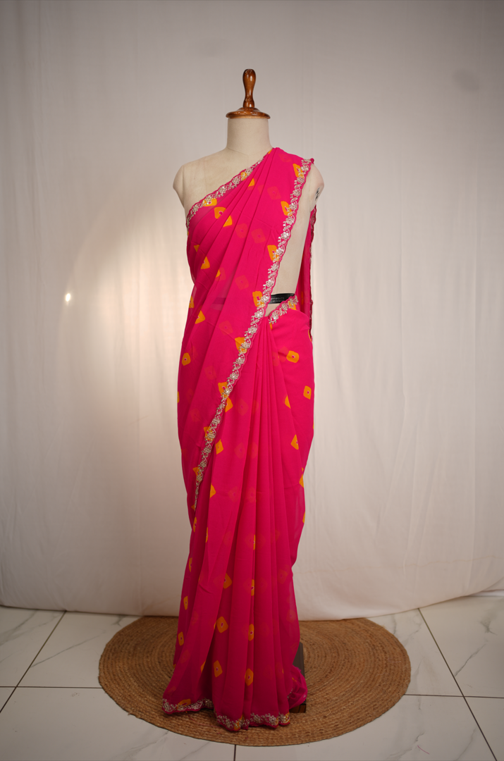 Vatlish Fabric Saree With Laddu Bandhej & Pita Border (With Blouse)