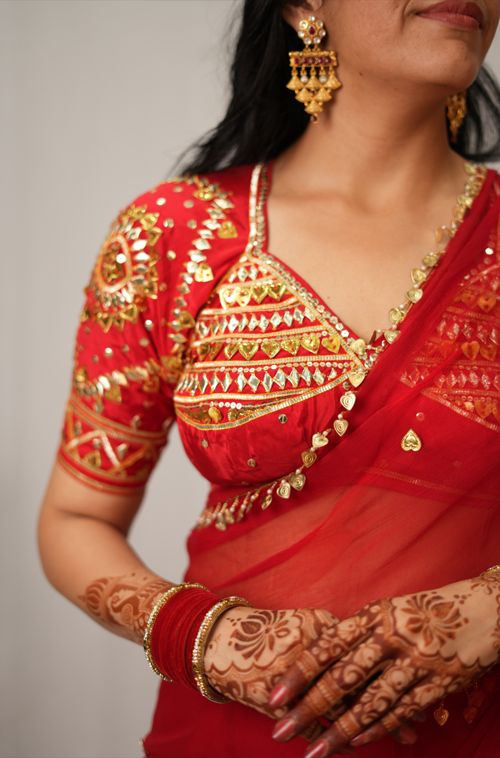 PURE CHIFFON SAREE WITH HEART SHAPE SEQUENCE & BEADS WORK WITH TREDITIONAL RAJASTHANI AANGI BLOUSE (PRE-BOOKING ITEM)
