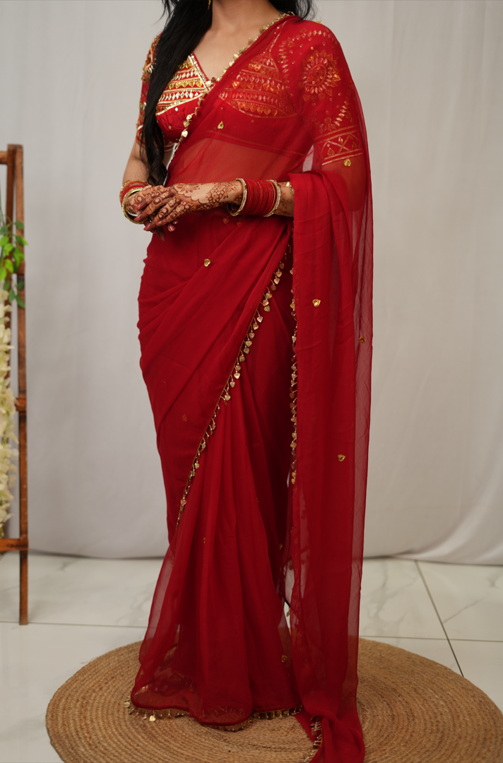 PURE CHIFFON SAREE WITH HEART SHAPE SEQUENCE & BEADS WORK WITH TREDITIONAL RAJASTHANI AANGI BLOUSE (PRE-BOOKING ITEM)