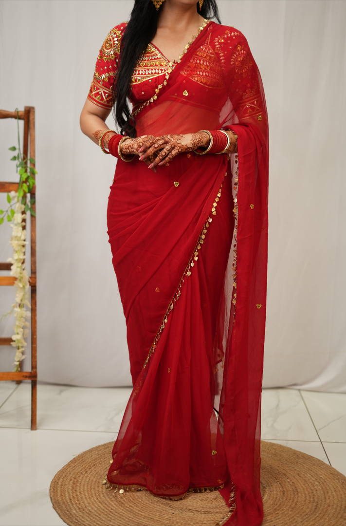 PURE CHIFFON SAREE WITH HEART SHAPE SEQUENCE & BEADS WORK WITH TREDITIONAL RAJASTHANI AANGI BLOUSE (PRE-BOOKING ITEM)