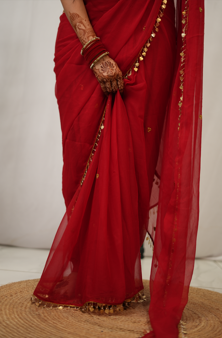 PURE CHIFFON SAREE WITH HEART SHAPE SEQUENCE & BEADS WORK WITH TREDITIONAL RAJASTHANI AANGI BLOUSE (PRE-BOOKING ITEM)
