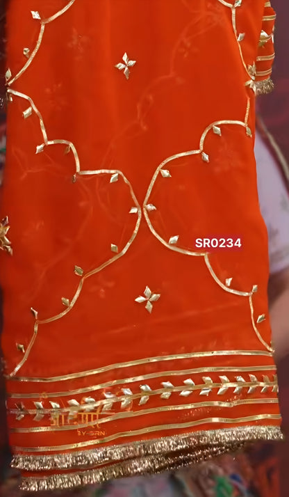 COUSTOMIZED CHARKHI AND KACHI GOTA PATTI WROK SAREE ON PURE GEORGETTE FABRIC WITH CONTRAST GREE BLOUSE ##SR0234