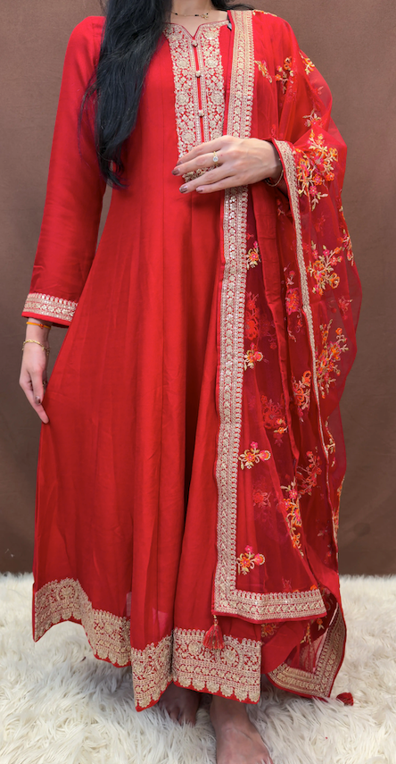 Anarkali Suit With Heavy Embroidery work Dupatta (Red)