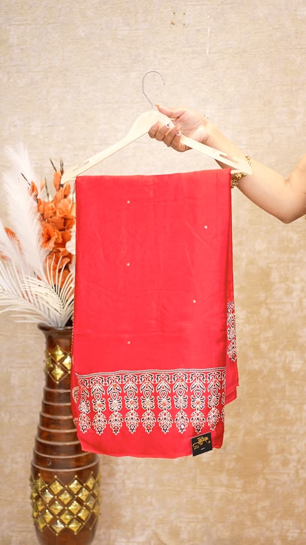 Modal Silk Ajrak Print Mirror Work Saree (With Blouse)