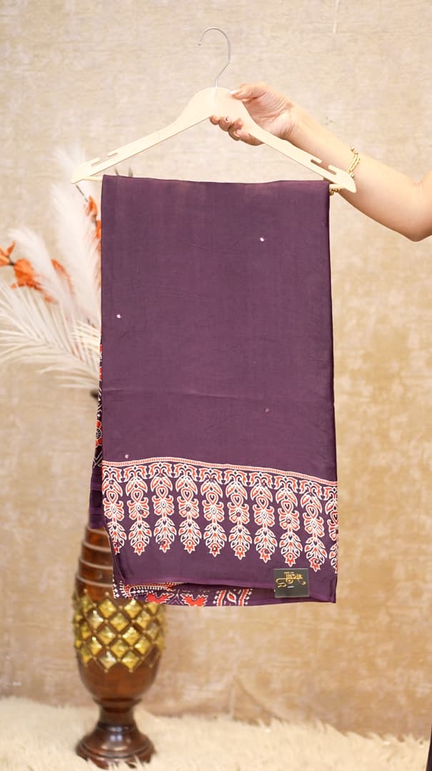 Modal Silk Ajrak Print Mirror Work Saree (With Blouse)
