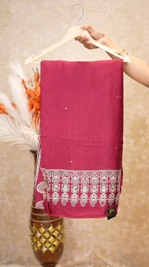 Modal Silk Ajrak Print Mirror Work Saree (With Blouse)