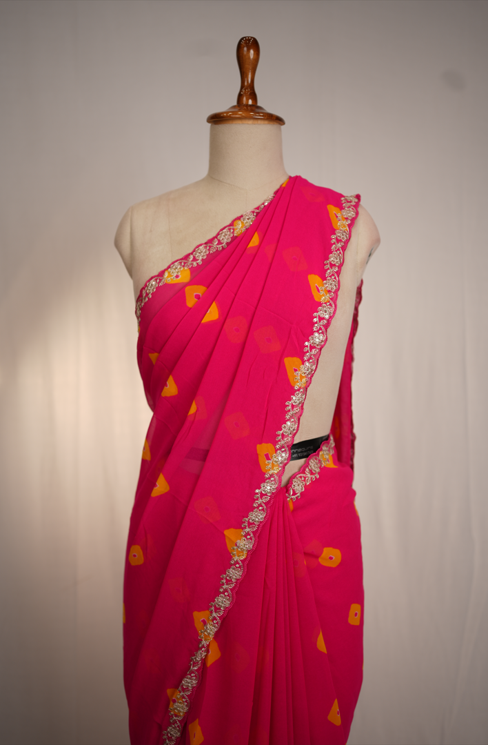 Vatlish Fabric Saree With Laddu Bandhej & Pita Border (With Blouse)