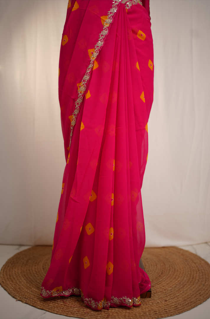 Vatlish Fabric Saree With Laddu Bandhej & Pita Border (With Blouse)