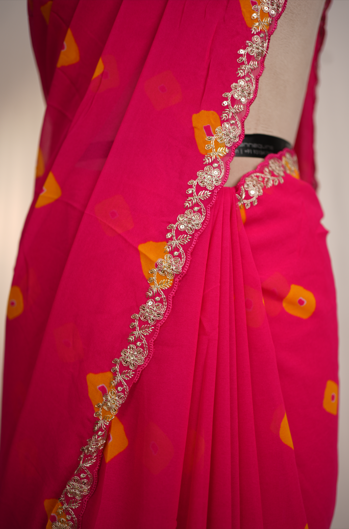 Vatlish Fabric Saree With Laddu Bandhej & Pita Border (With Blouse)